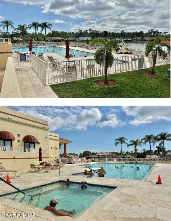 view of pool with a patio and a water view