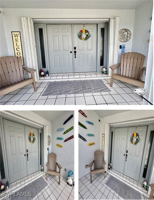 view of exterior entry featuring a porch and stucco siding