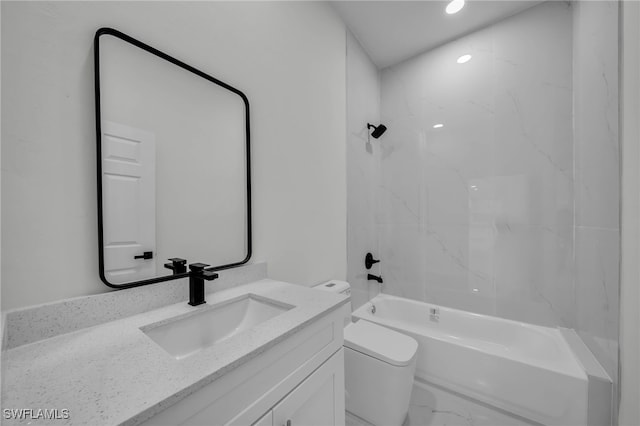 full bathroom with toilet, marble look tiles, vanity, shower / tub combination, and recessed lighting