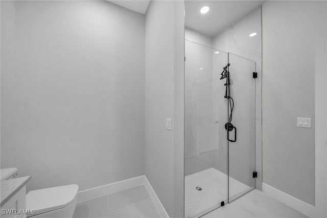 bathroom with baseboards, marble look tile flooring, a marble finish shower, toilet, and recessed lighting