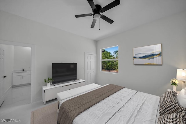 bedroom featuring a ceiling fan, ensuite bath, and a closet