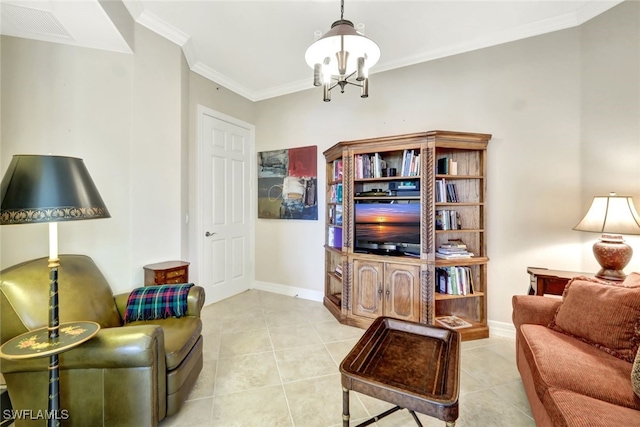 living room featuring crown molding, an inviting chandelier, and light tile patterned floors