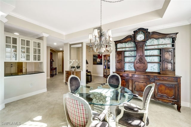 dining space featuring crown molding, light tile patterned flooring, and a notable chandelier