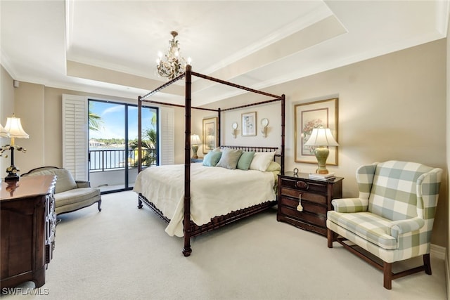 carpeted bedroom featuring an inviting chandelier, crown molding, access to outside, and a raised ceiling