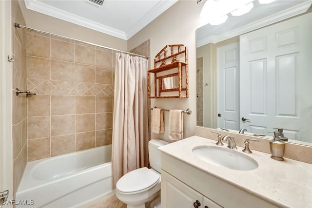 full bathroom with crown molding, shower / bath combo, vanity, and toilet