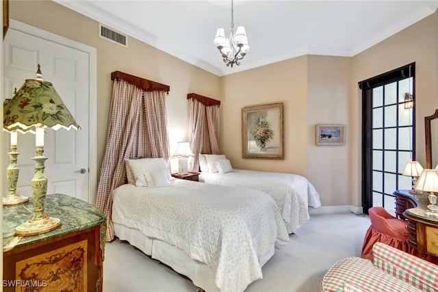 carpeted bedroom with an inviting chandelier and ornamental molding