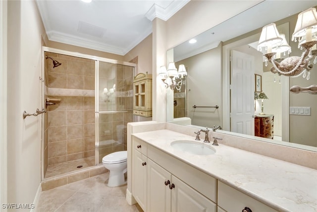 bathroom featuring crown molding, vanity, an enclosed shower, and toilet