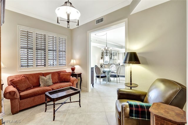 tiled living room with an inviting chandelier and ornamental molding