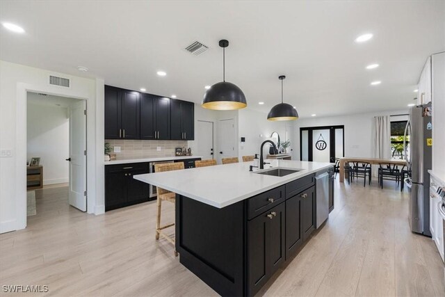 kitchen with pendant lighting, an island with sink, sink, decorative backsplash, and stainless steel appliances