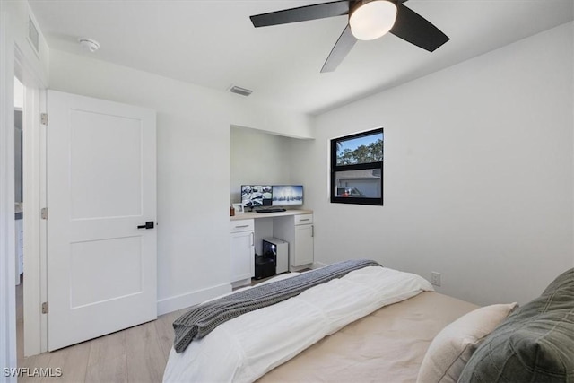 bedroom featuring ceiling fan and light hardwood / wood-style floors