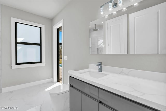 bathroom with vanity, toilet, and a shower