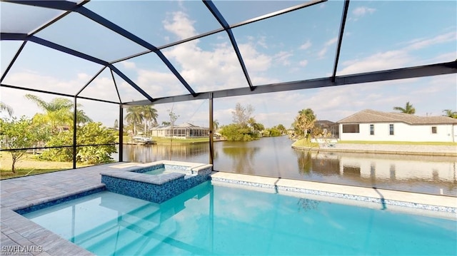 view of swimming pool with a lanai, a water view, and an in ground hot tub