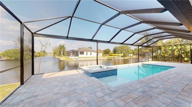 view of swimming pool with an in ground hot tub, a water view, a lanai, and a patio area