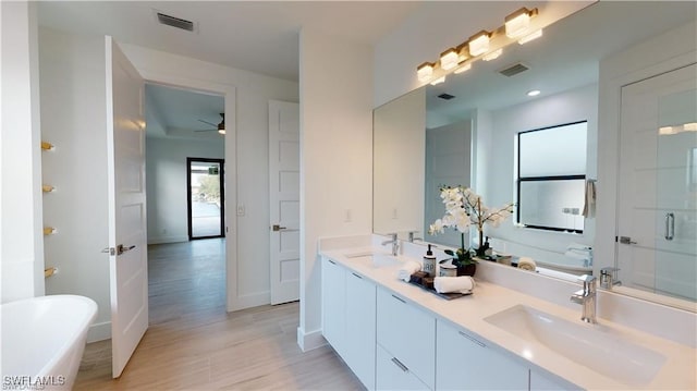 bathroom featuring vanity, ceiling fan, and a bathtub