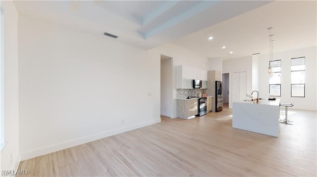 unfurnished living room with sink and light hardwood / wood-style flooring