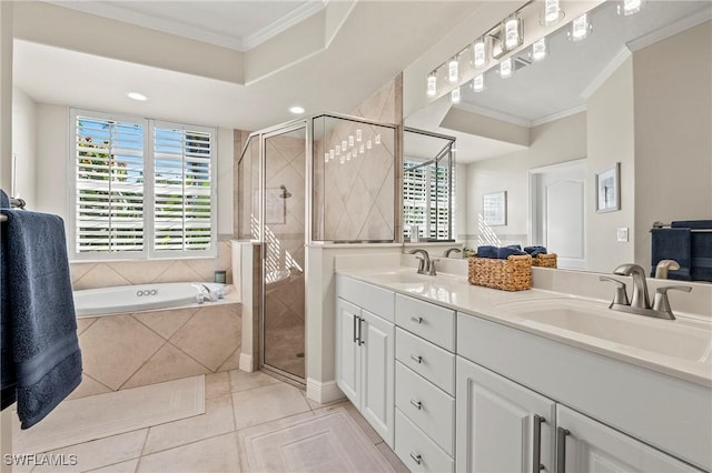 bathroom featuring independent shower and bath, crown molding, tile patterned floors, and vanity