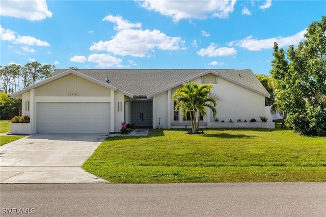 ranch-style house featuring a garage and a front lawn