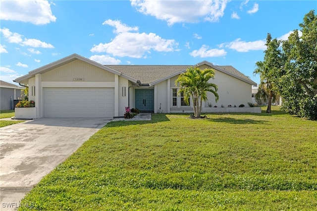 ranch-style house with a garage and a front yard