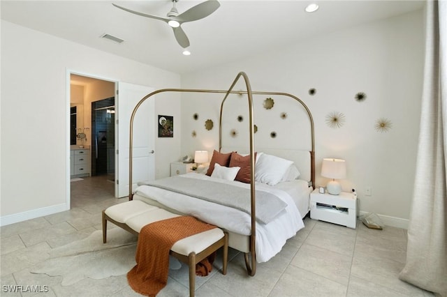 tiled bedroom with connected bathroom and ceiling fan