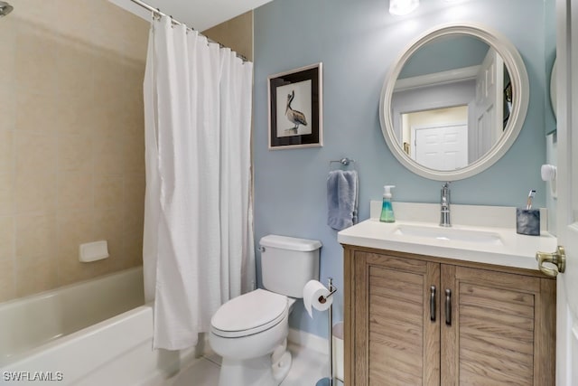 full bathroom with shower / tub combo, vanity, and toilet