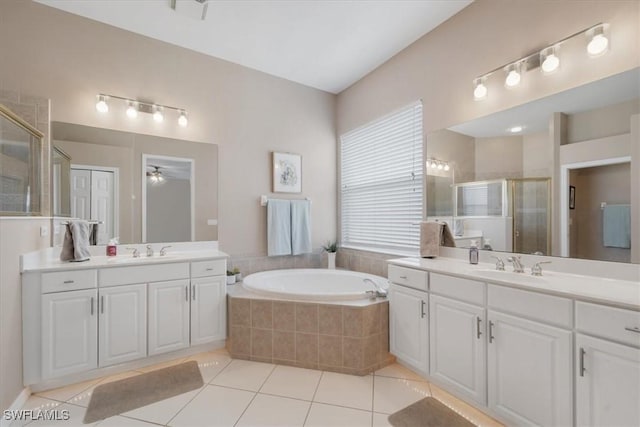 bathroom with vanity, separate shower and tub, tile patterned floors, and ceiling fan