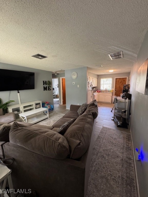 living room with light hardwood / wood-style flooring and a textured ceiling