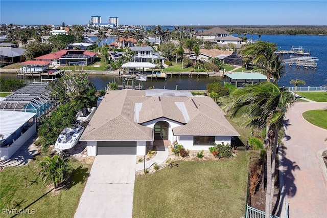 aerial view featuring a water view