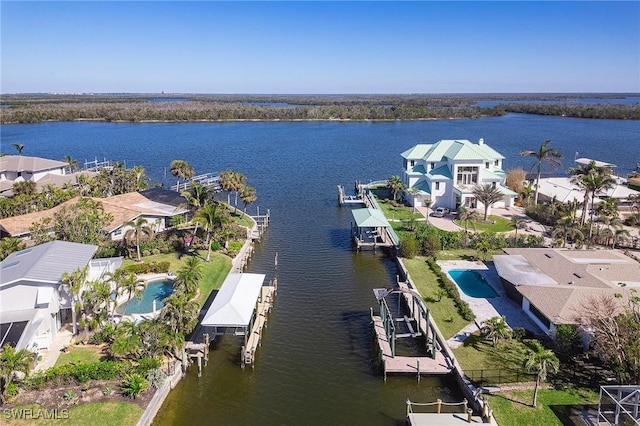 aerial view featuring a water view