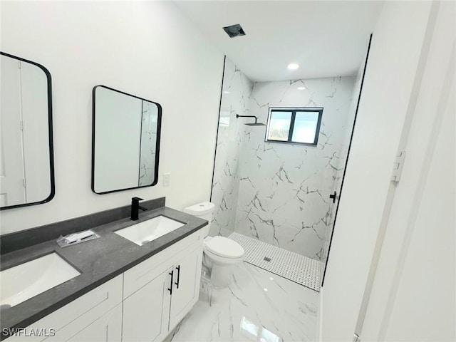 bathroom with vanity, a tile shower, and toilet