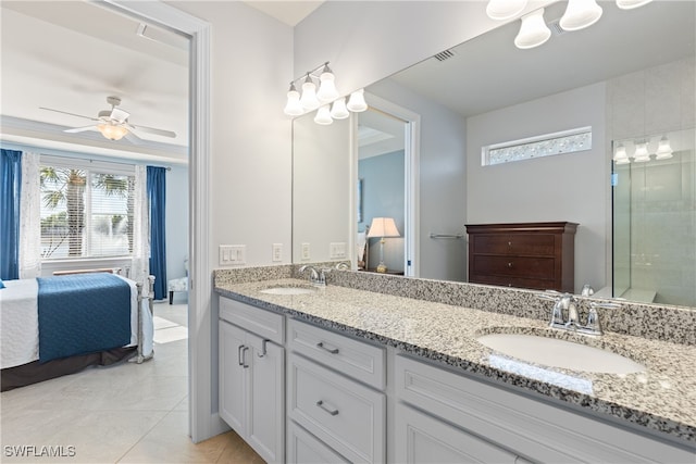 bathroom with vanity, tile patterned flooring, and ceiling fan