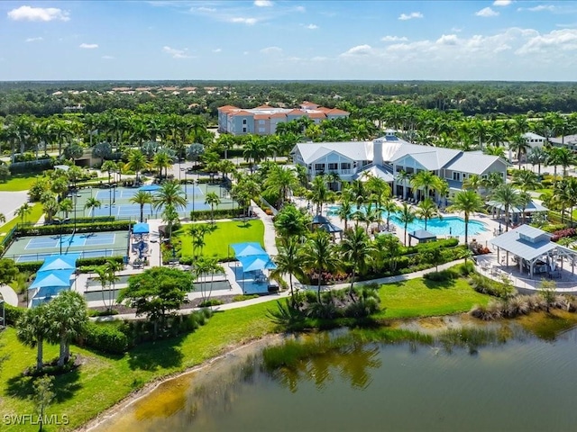 drone / aerial view with a water view