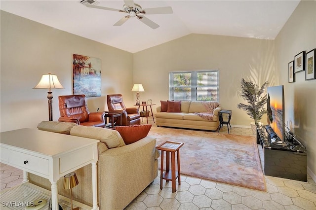 living room with visible vents, vaulted ceiling, and a ceiling fan