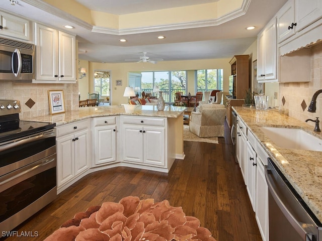 kitchen featuring appliances with stainless steel finishes, a raised ceiling, a peninsula, and a sink