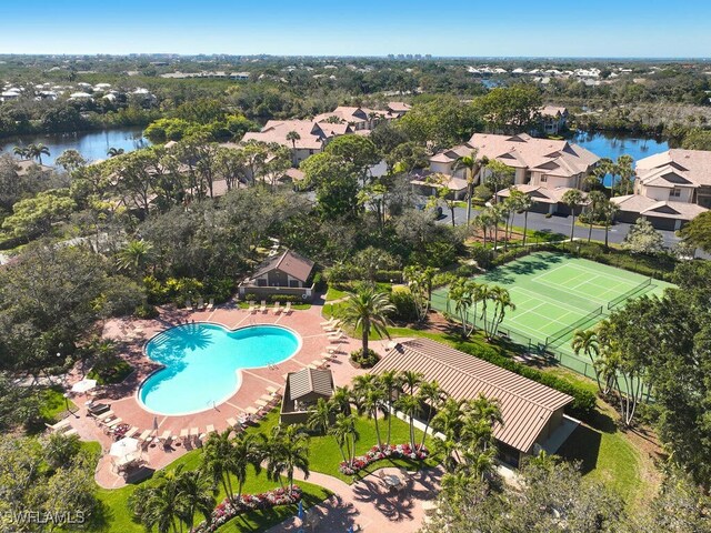 bird's eye view with a water view