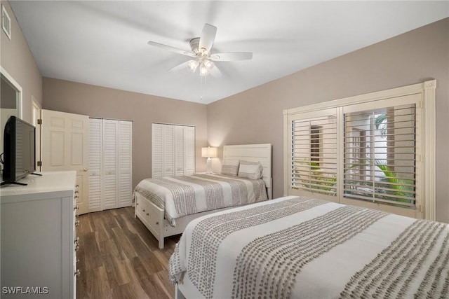 bedroom featuring two closets, dark wood-style flooring, and ceiling fan