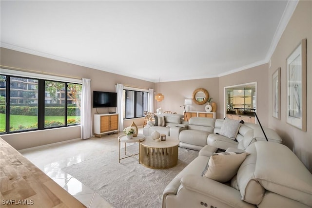 living room featuring crown molding and light tile patterned floors