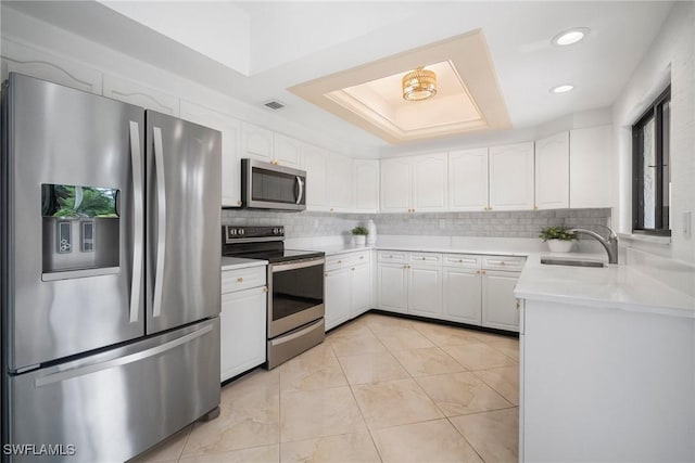 kitchen with stainless steel appliances, sink, white cabinets, and decorative backsplash