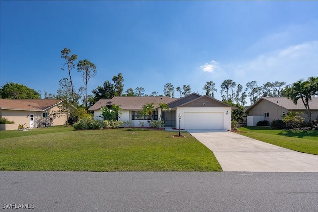 ranch-style home with a garage, driveway, and a front lawn