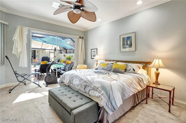 bedroom with light carpet, crown molding, access to outside, and ceiling fan