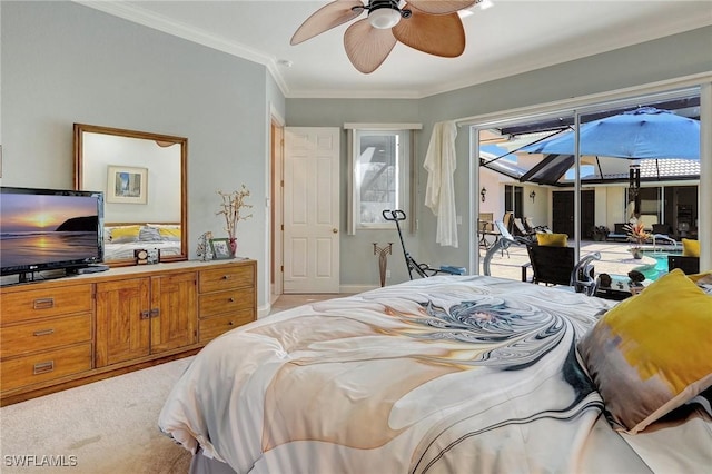 bedroom with access to exterior, crown molding, and light colored carpet