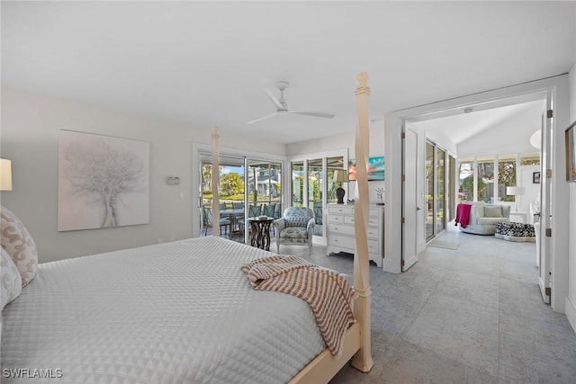 bedroom with access to exterior, vaulted ceiling, and ceiling fan