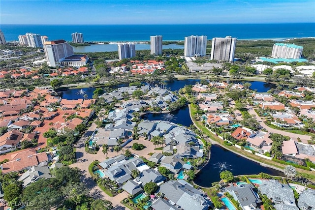 drone / aerial view with a water view