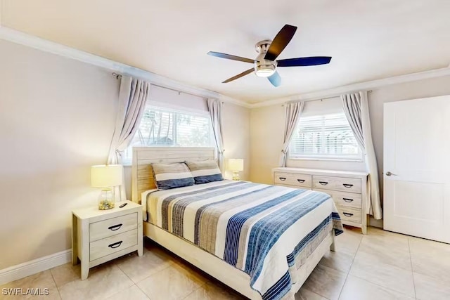 bedroom with crown molding, ceiling fan, light tile patterned flooring, and multiple windows