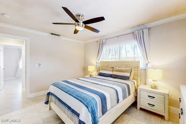 bedroom featuring ceiling fan, ornamental molding, and light tile patterned floors