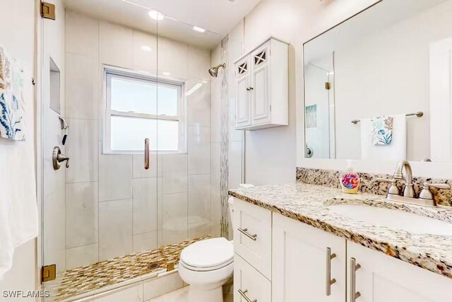 bathroom featuring vanity, an enclosed shower, and toilet