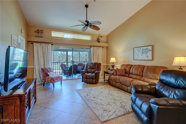 living room featuring ceiling fan, high vaulted ceiling, and light tile patterned floors