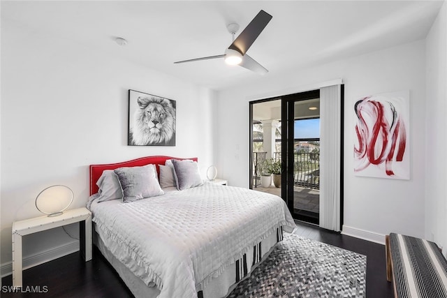 bedroom with hardwood / wood-style floors, access to outside, and ceiling fan