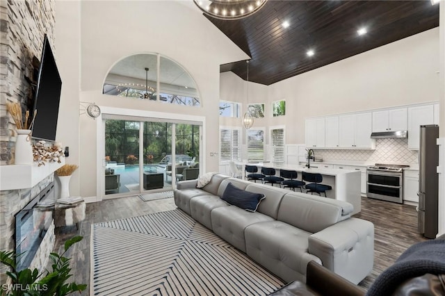 living room with hardwood / wood-style flooring, a towering ceiling, a chandelier, and a fireplace