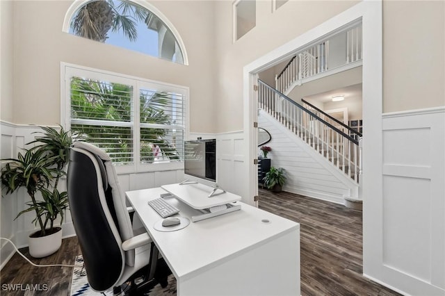 office featuring a high ceiling and dark hardwood / wood-style floors