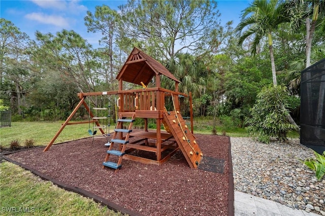 view of play area featuring a lawn